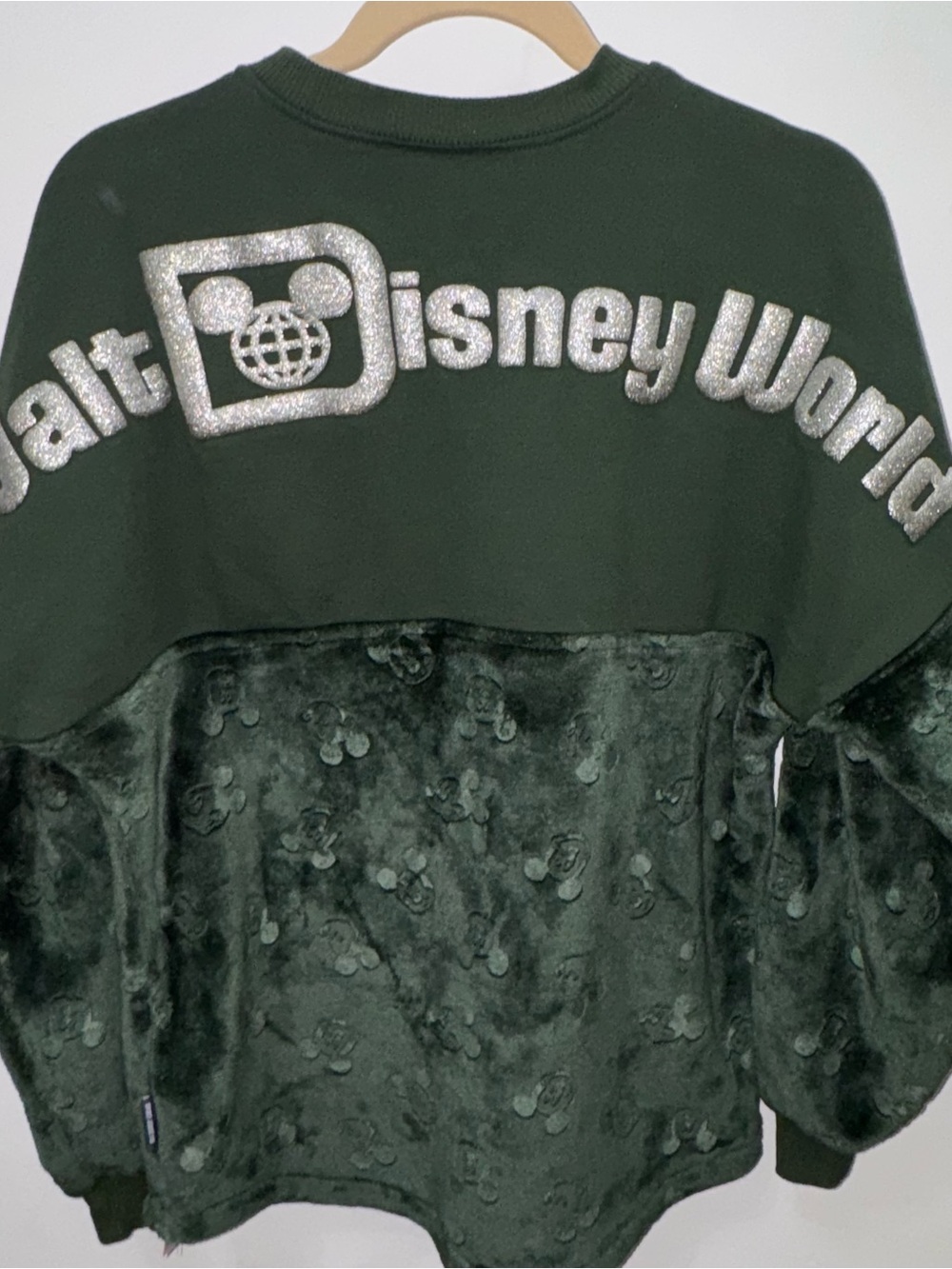 Disney Parks Walt Disney World Green Velvet Mickey Spirit Jersey Silver Glitter